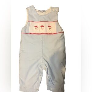 Sweet Dreams Sky Blue romper with smocked Santa’s